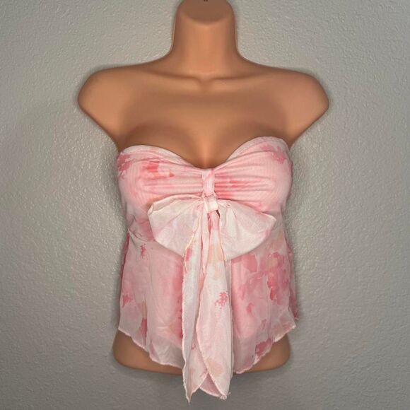 Pink mesh floral strapless top with scarf - Picture 3 of 5